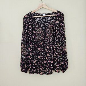 Old Navy Whimsigoth Top Women M Black Floral Paisley Puff Sleeves Tassels Boho
